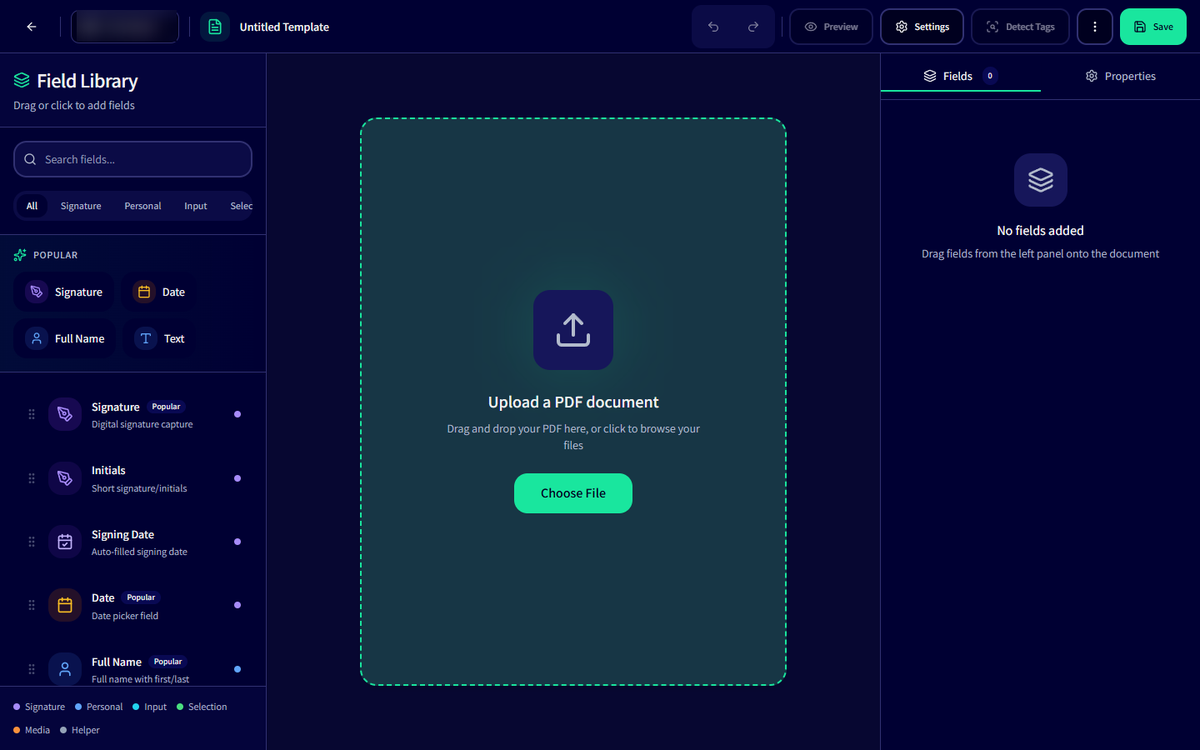 The SignFlow template builder, where each field is placed