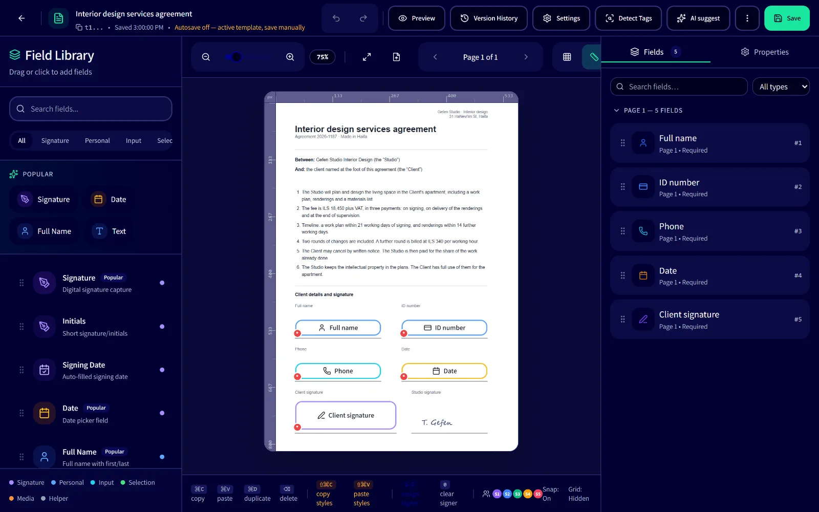 The template builder: the agreement and the signature fields found in it