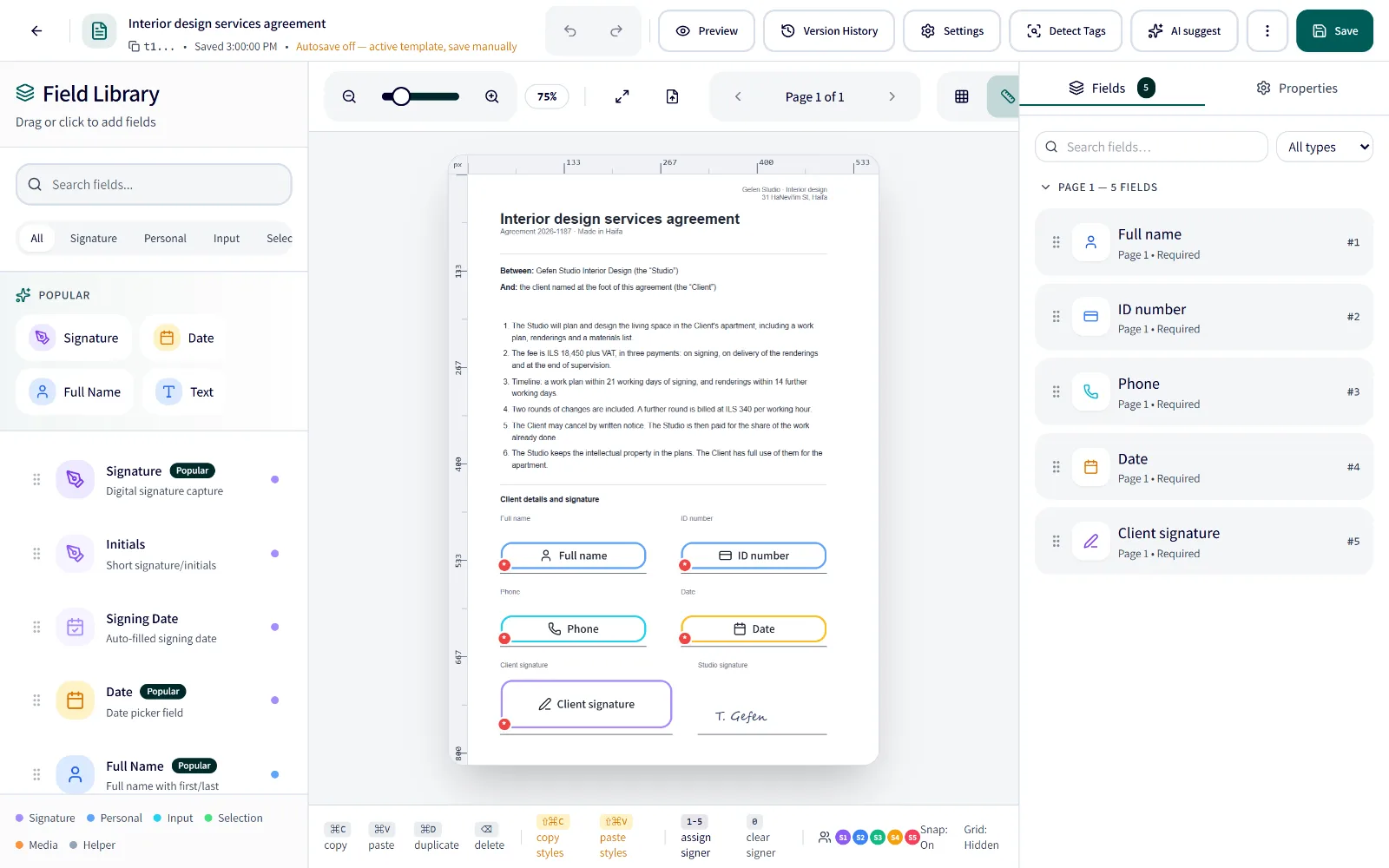 The template builder: the agreement and the signature fields found in it